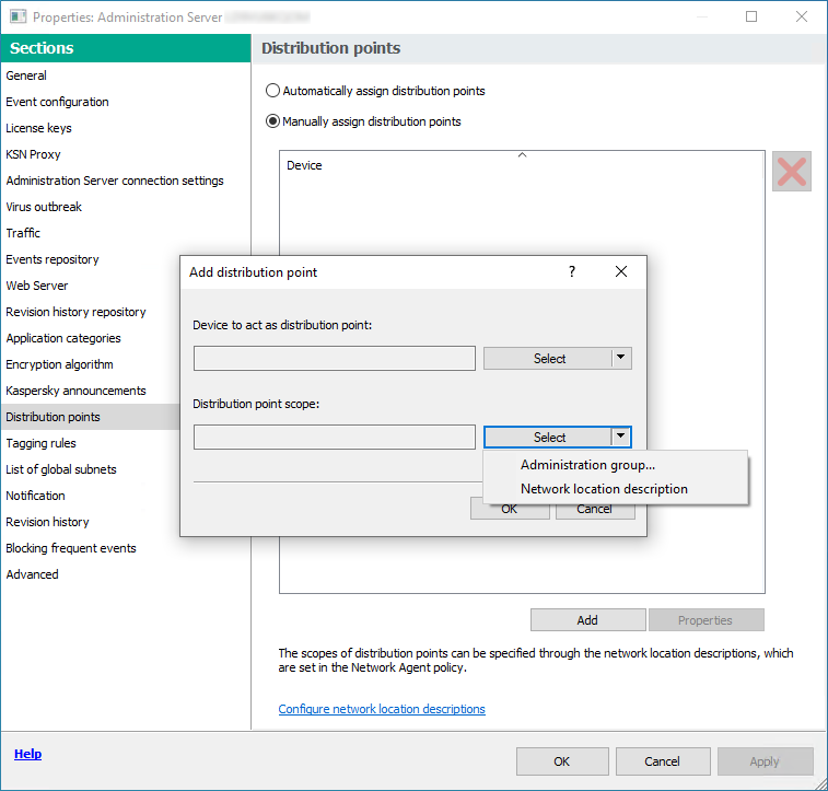 In the window for adding distribution points, you can select an administration group or a network location description that includes devices to which the added distribution point will distribute updates.