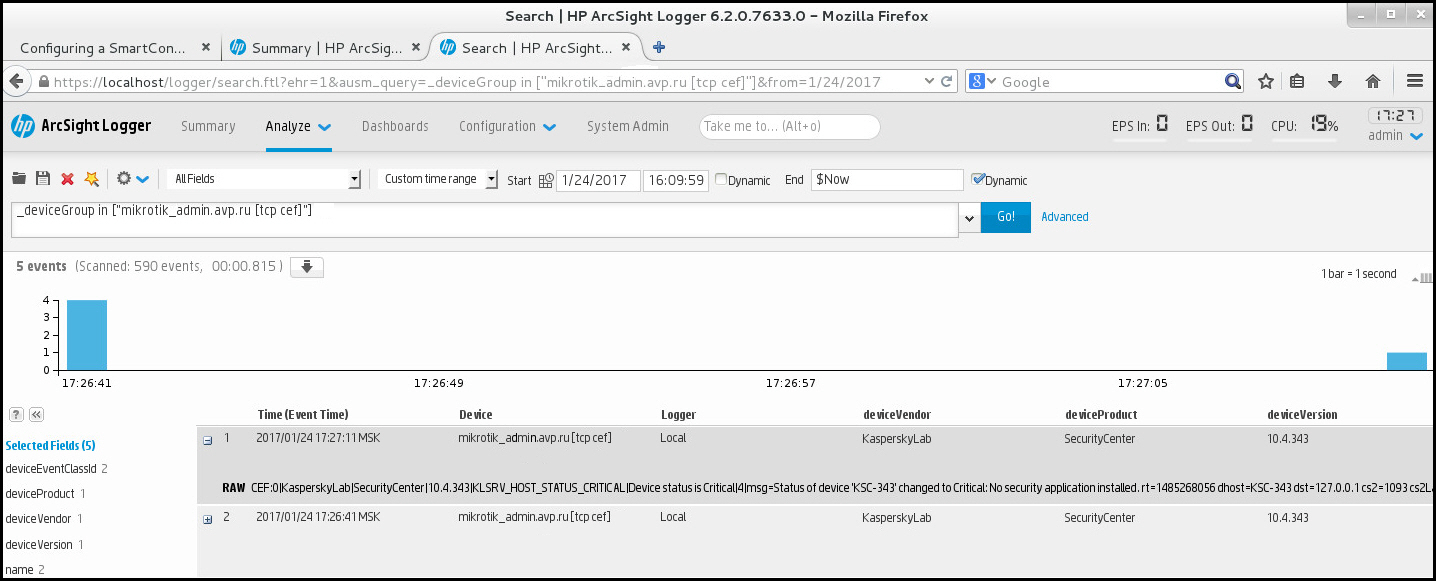 ArcSight にエクスポートされたイベント。