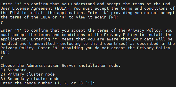 「Y」と入力して EULA とプライバシーポリシーの条項に同意し、Admin.Server インストールモードを選択します。