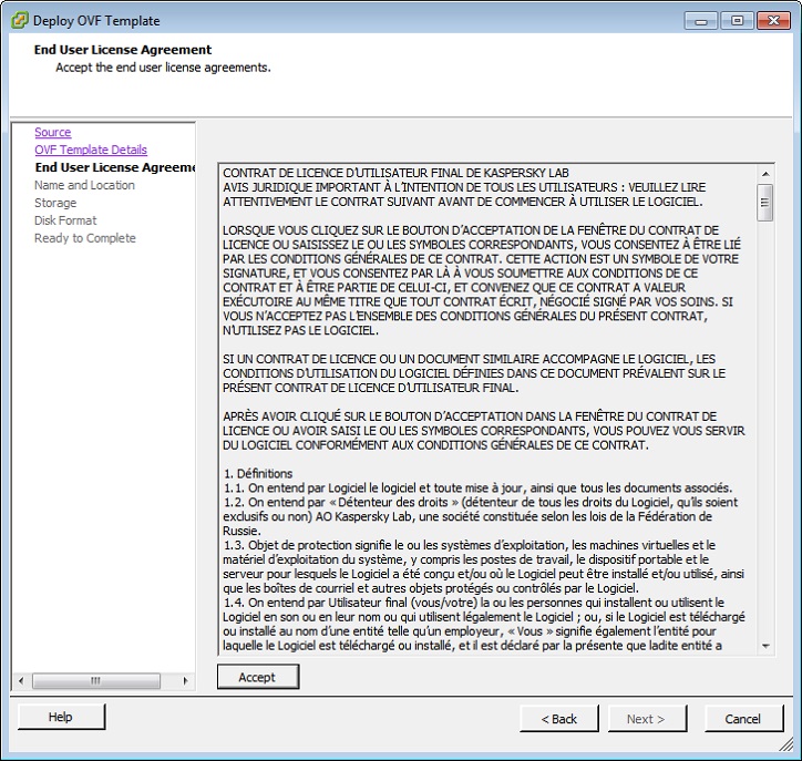 Consultation du Contrat de Licence Utilisateur Final de Kaspersky Security Gateway