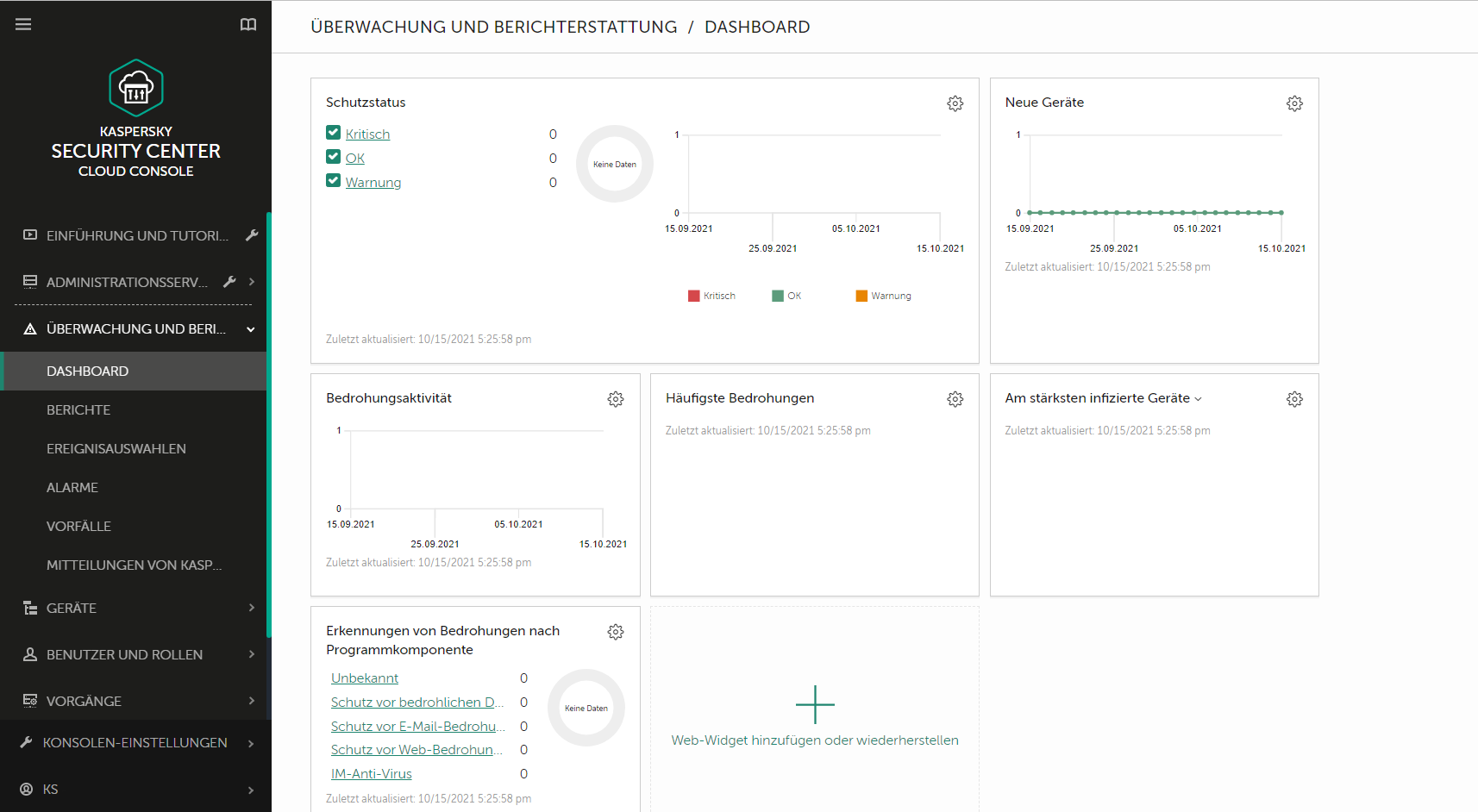 Widgets: Schutzstatus, Vorfälle nach Status, Vorfälle nach Priorität und Vorfälle nach erforderlichen Maßnahmen sowie die Schaltfläche zum Hinzufügen und Wiederherstellen von Widgets