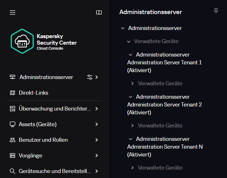 Die erstellten virtuellen Administrationsserver sind dem Knoten "Verwaltete Geräte" untergeordnet.