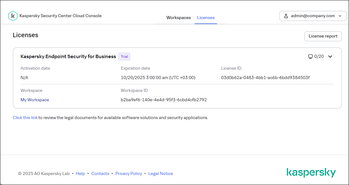 Licenses tab of Kaspersky Security Center Cloud Console infrastructure window.