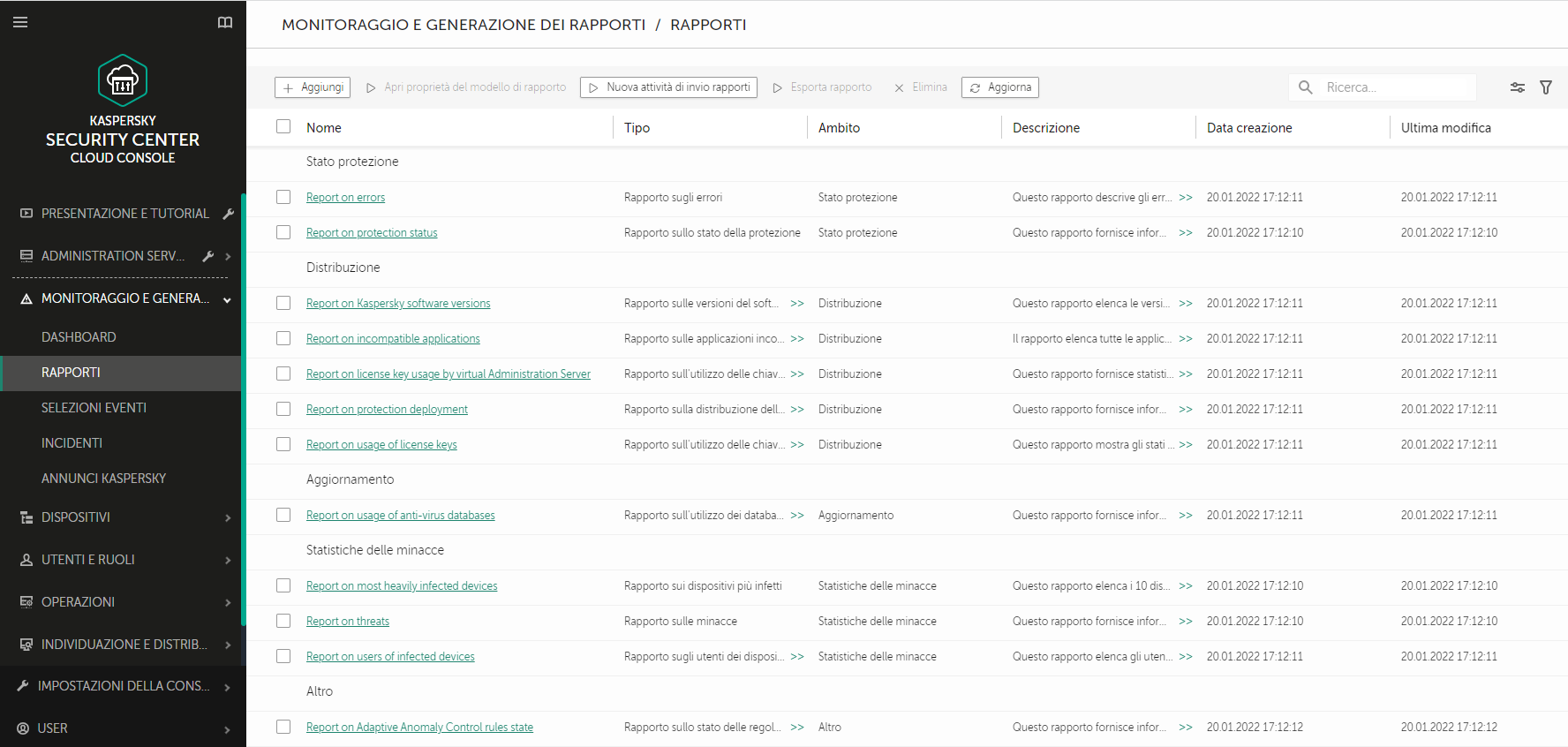 La sezione Rapporti contiene un elenco di rapporti. È possibile gestire l'elenco di rapporto e configurare ognuno di questi.