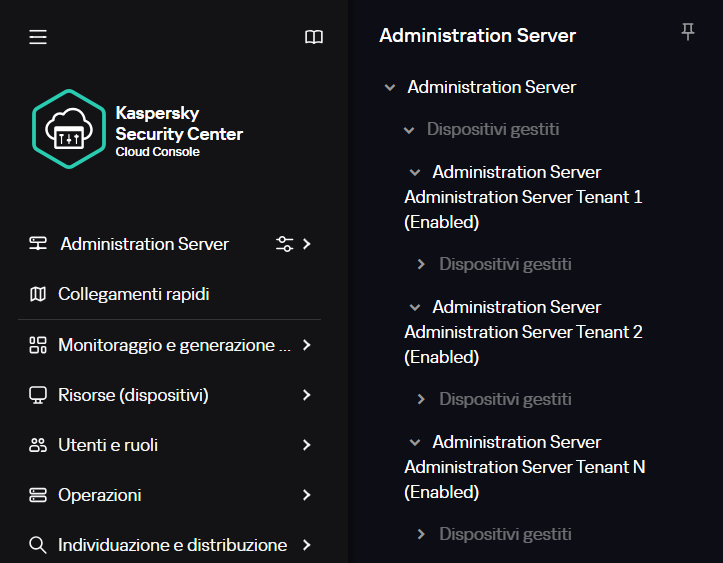 Gli Administration Server virtuali creati sono nidificati nel nodo Dispositivi gestiti.