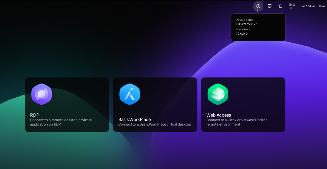 Screenshot of the thin client desktop where the thin client information window is open. The window displays the name and IP address of the device.