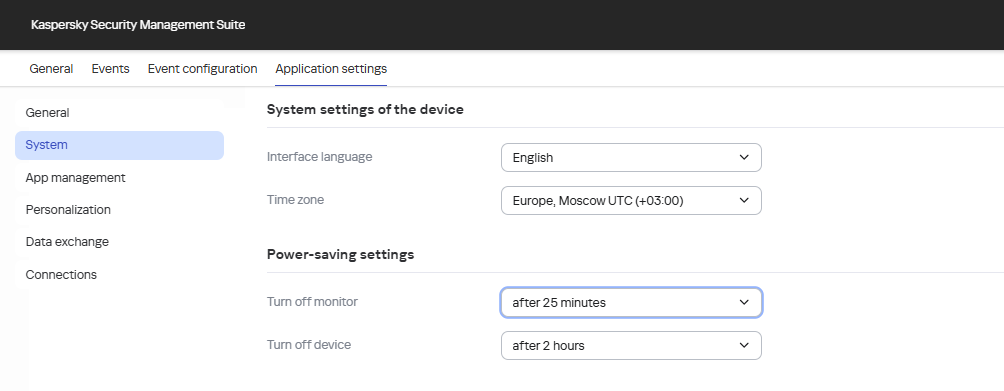 Screenshot of the window for configuring system settings of Kaspersky Thin Client via the Web Console for one device.