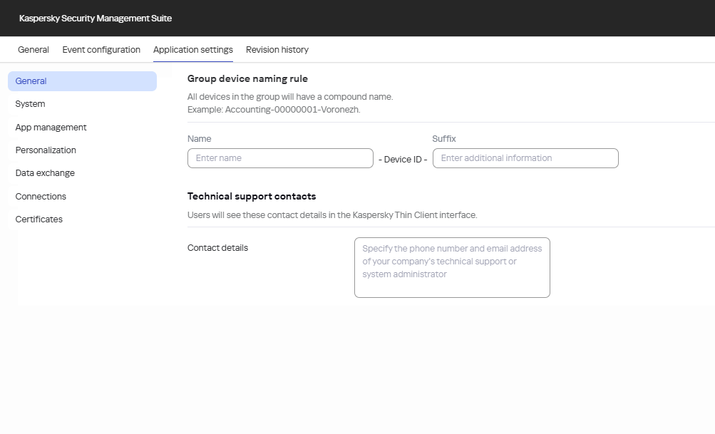 Screenshot of the window for configuring main settings for thin clients in an administration group via the Web Console.