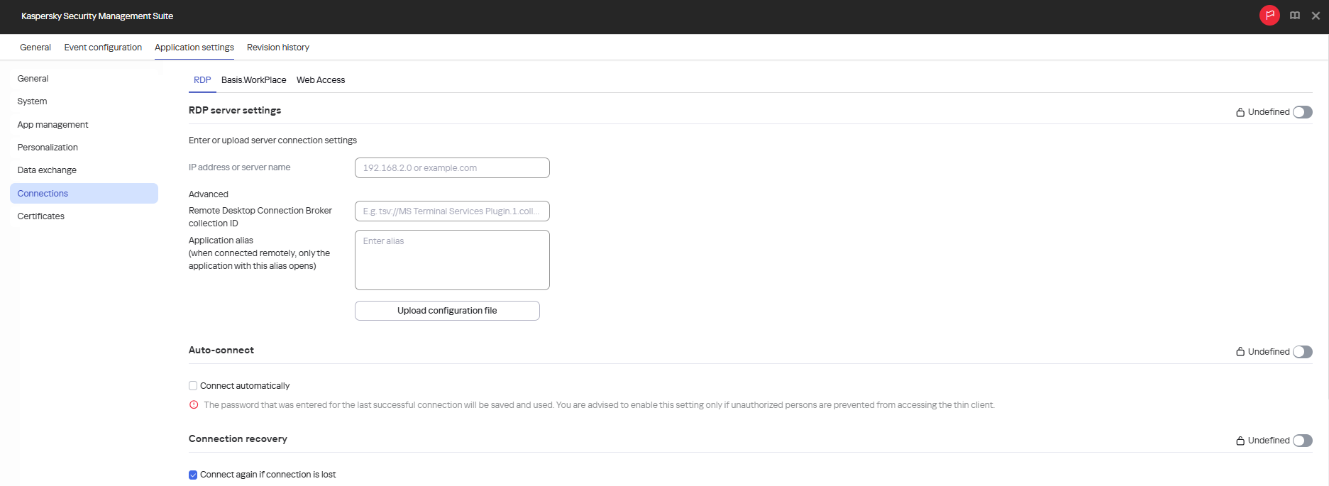 Screenshot of the window for configuring a connection to a remote environment in the RDP application for devices in an administration group via the Web Console.