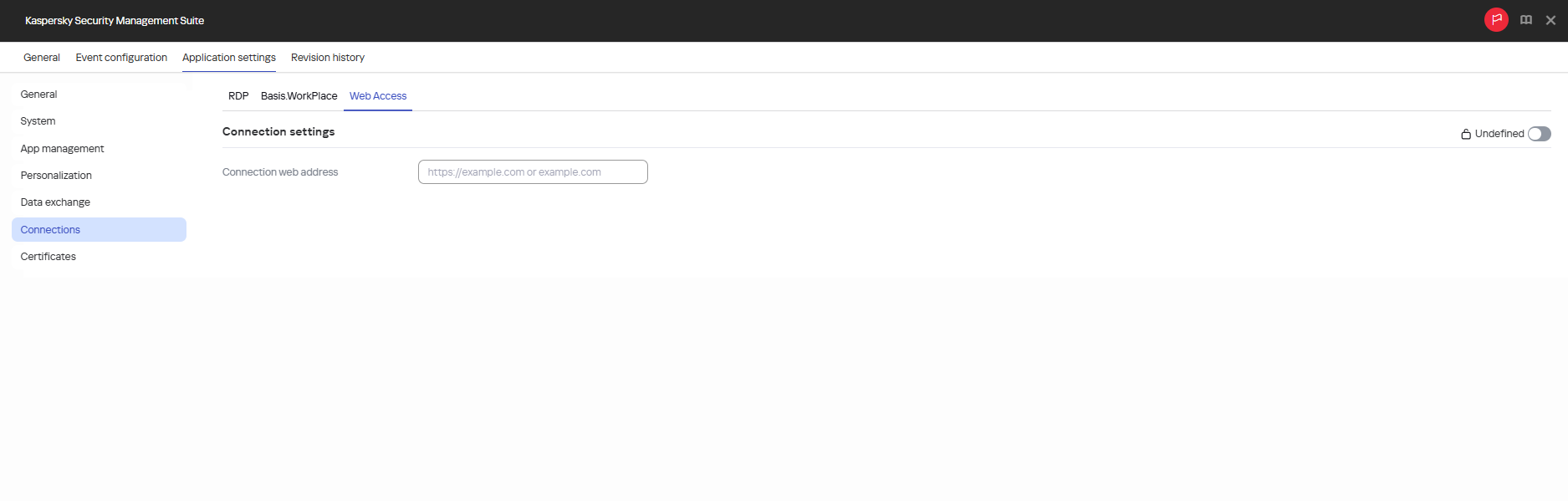 Screenshot of the window for configuring a connection to a remote environment in the Web Access application for devices in an administration group via the Web Console.