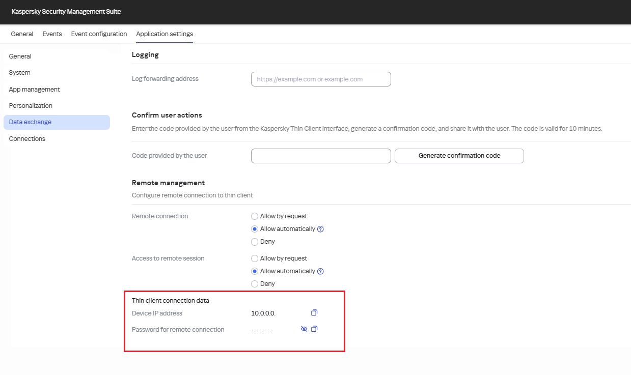 Screenshot of the configuration window for remote connection to a thin client in the Web Console.