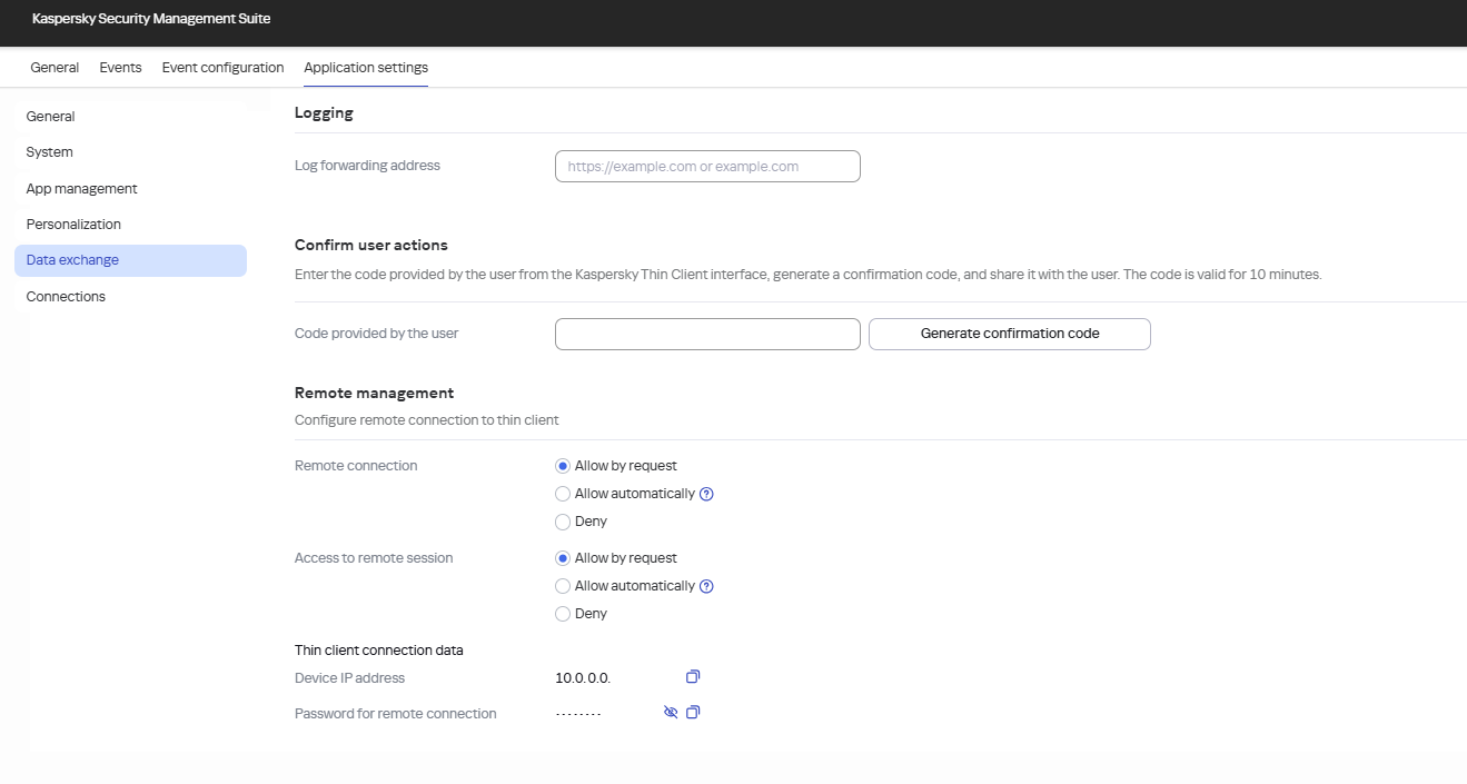 Screenshot of the remote management settings window for one device in the Web Console.