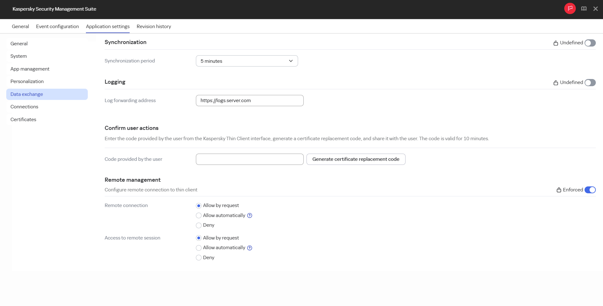 Screenshot of the remote thin client management settings window for devices in an administration group via the Web Console.