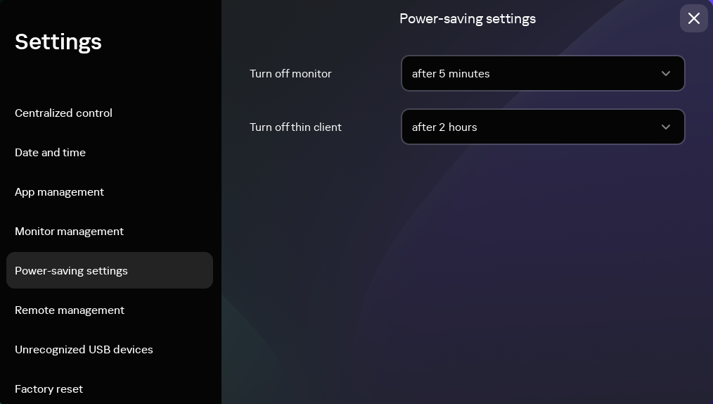 Screenshot of the power-saving settings window in the Kaspersky Thin Client interface.