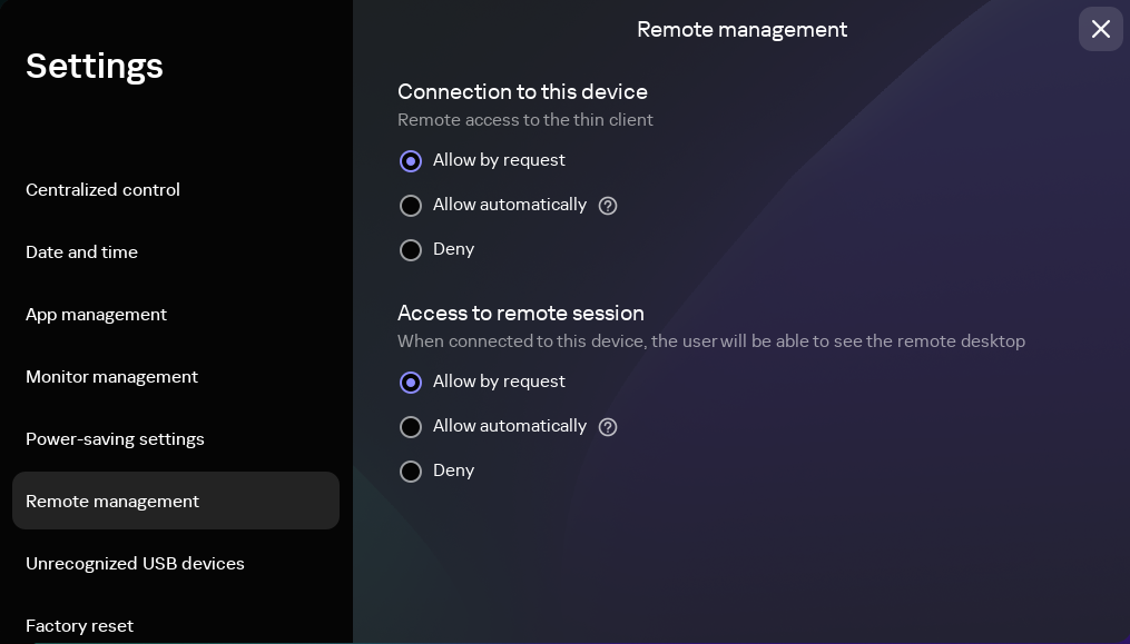 Screenshot of the thin client remote management settings window.