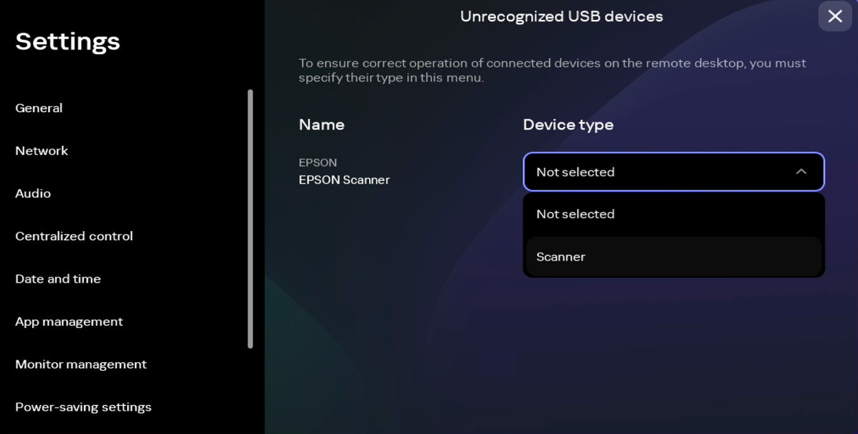 Screenshot of the Unrecognized USB devices window containing a list of devices whose types were not recognized by the system.