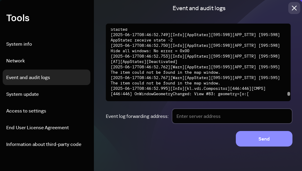 Screenshot of the window for forwarding event and audit logs to a log server.