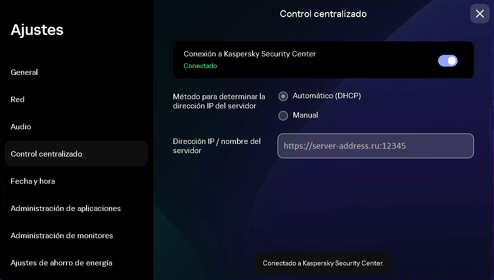 Captura de la ventana para configurar una conexión entre Kaspersky Thin Client y Kaspersky Security Center