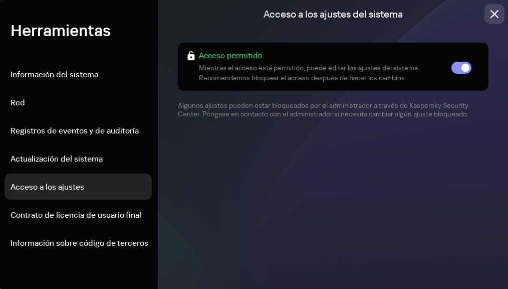 Captura de pantalla de la ventana para configurar el acceso a los ajustes de Kaspersky Thin Client.