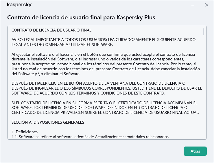 La ventana que contiene el texto del Contrato de licencia de usuario final.