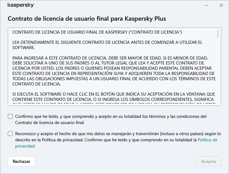La ventana de aceptación del contrato de licencia del GDPR