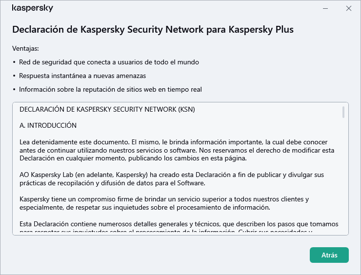 La ventana de aceptación de la Declaración de Kaspersky Security Network
