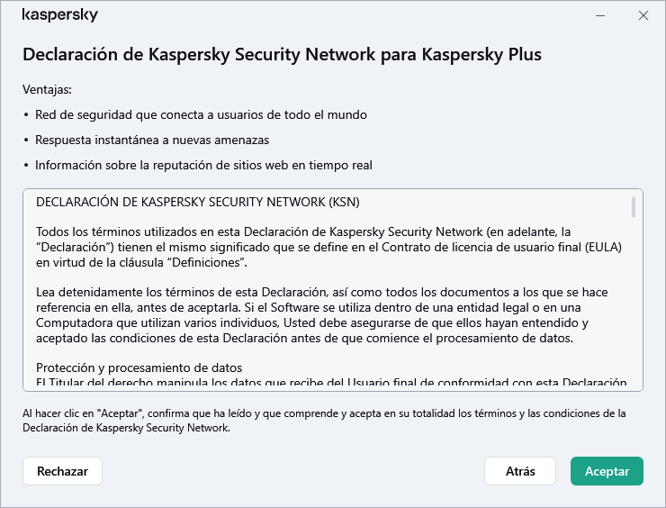 La ventana de aceptación de la Declaración de Kaspersky Security Network de GDPR