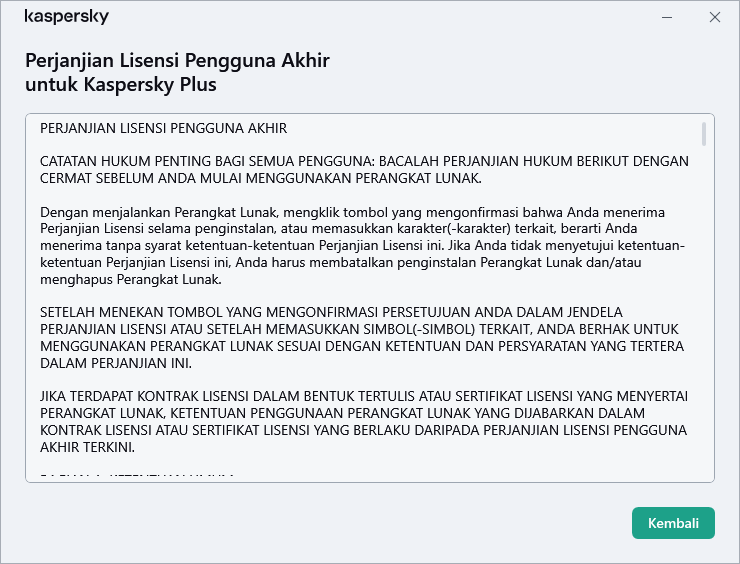 Jendela yang berisi teks Perjanjian Lisensi Pengguna Akhir