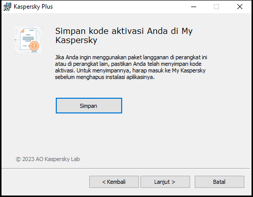 Jendela yang meminta penyimpanan paket langganan di My Kaspersky