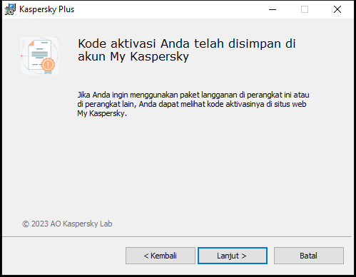 Jendela berisi paket langganan yang berhasil disimpan di akun My Kaspersky