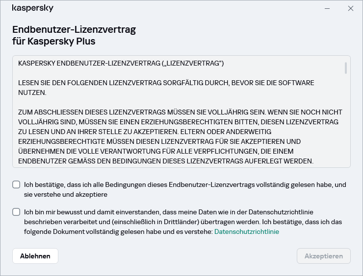Fenster zum Akzeptieren der DSGVO für den Endbenutzer-Lizenzvertrag