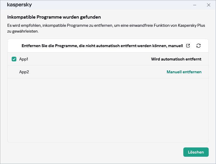 Fenster mit der Liste der inkompatiblen Apps