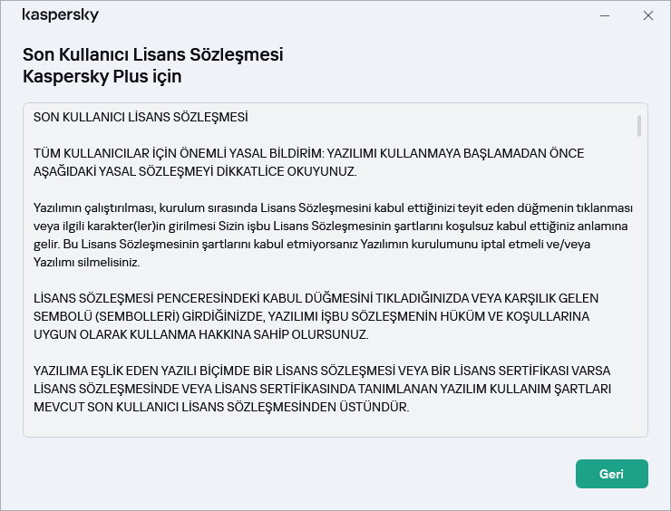 Son Kullanıcı Lisans Sözleşmesi metnini içeren pencere