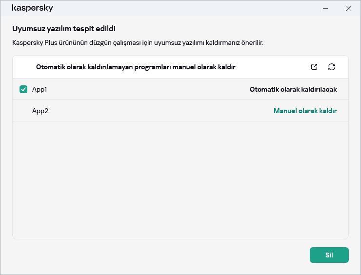 Uyumsuz uygulamaların listesini içeren pencere