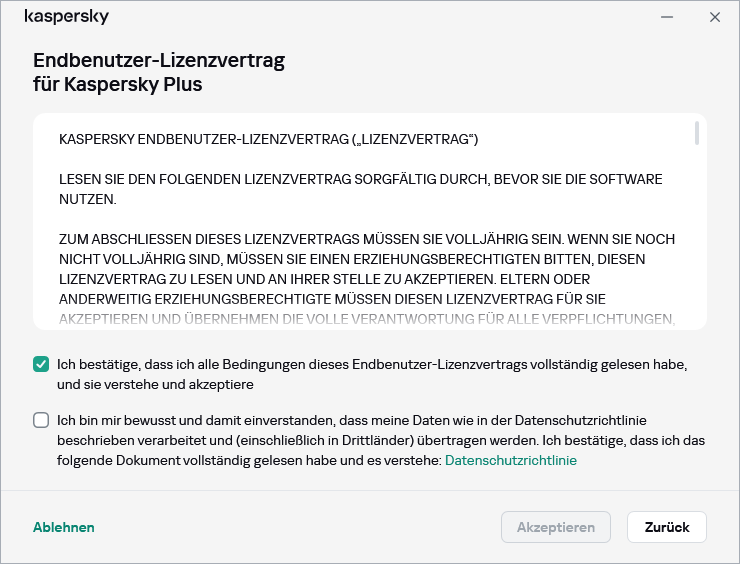 Fenster zum Akzeptieren der DSGVO für den Endbenutzer-Lizenzvertrag