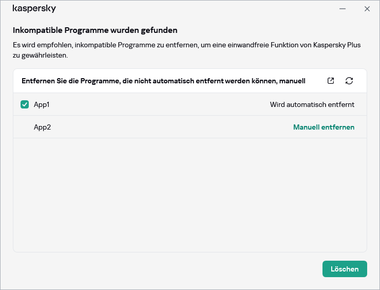Fenster mit der Liste der inkompatiblen Apps