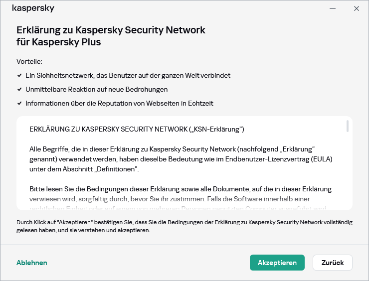 Fenster zum Akzeptieren der DSGVO für die Erklärung zu Kaspersky Security Network