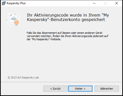 Fenster mit einem Abonnement, das erfolgreich im &bdquo;My Kaspersky&ldquo;-Benutzerkonto gespeichert wurde