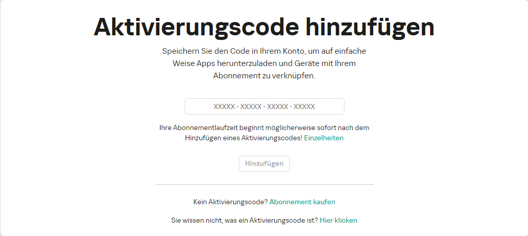 Fenster zum Hinzufügen eines Aktivierungscodes zu Ihrem Benutzerkonto