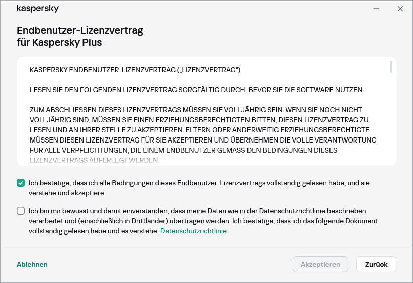 Fenster zum Akzeptieren der DSGVO für den Endbenutzer-Lizenzvertrag