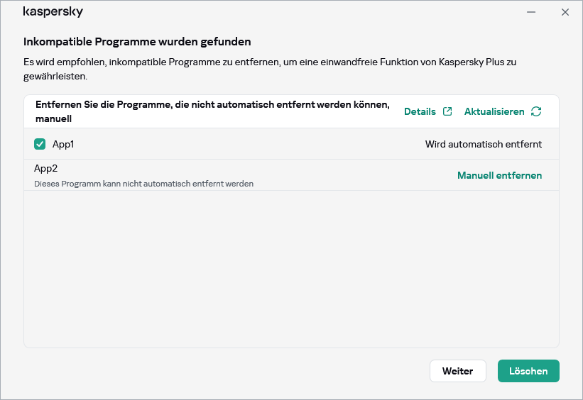 Fenster mit der Liste der inkompatiblen Apps