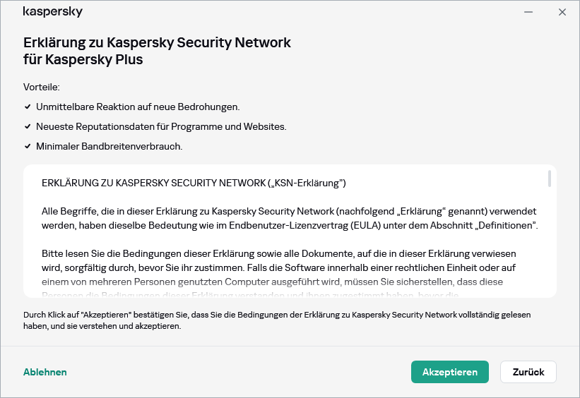 Fenster zum Akzeptieren der DSGVO für die Erklärung zu Kaspersky Security Network