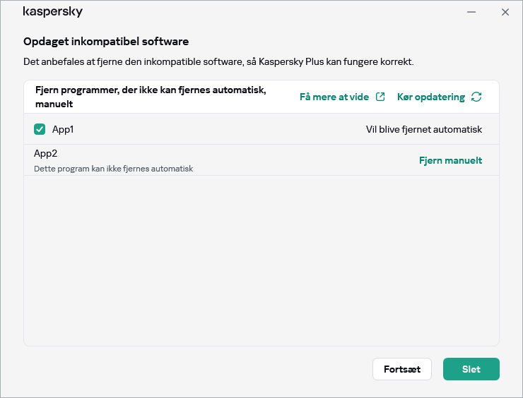 Vindue med liste over inkompatible programmer