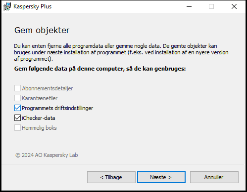 Vindue til lagring af indstillinger ved afinstallation af et program