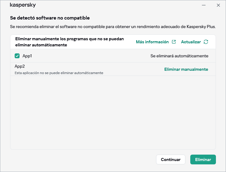 Ventana con la lista de aplicaciones incompatibles