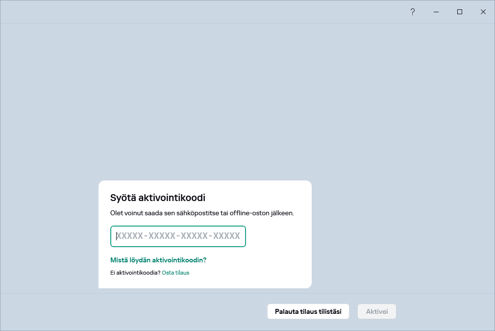 Vaihe, jossa voit syöttää aktivointikoodisi