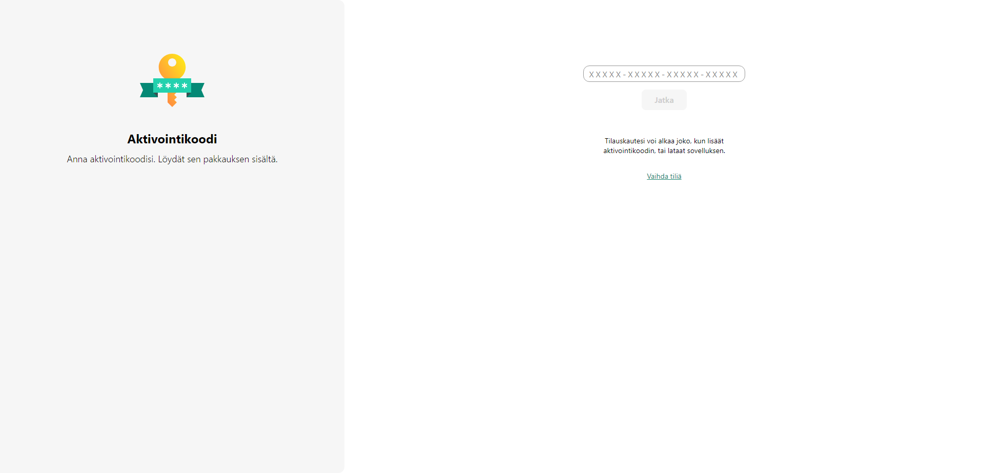 Ikkuna aktivointikoodin lisäämiseen asennuslevyltä