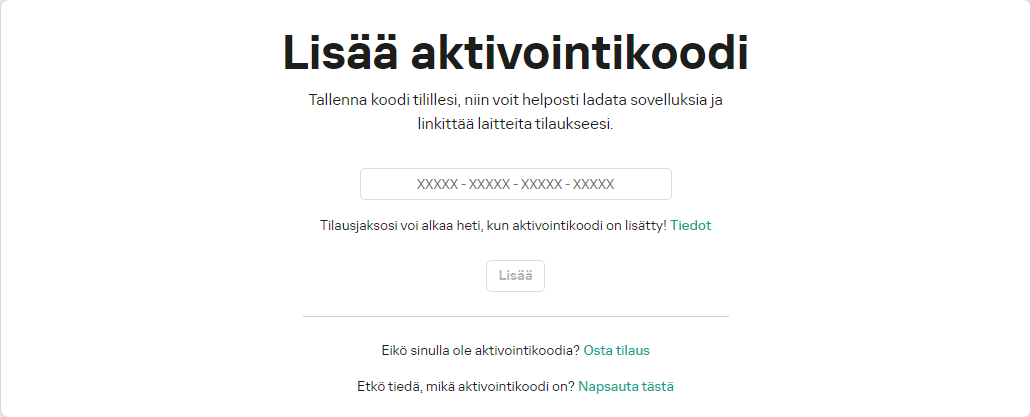 Ikkuna, jossa voit lisätä aktivointikoodin tilillesi