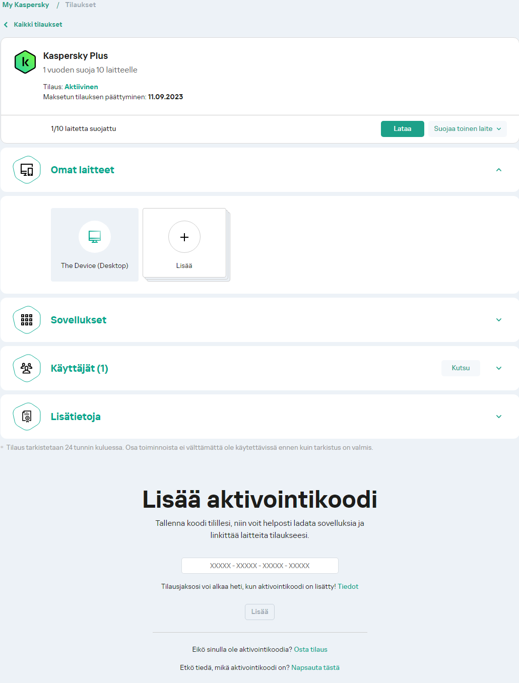 Ikkuna sovelluksen lataamiseen tililtäsi