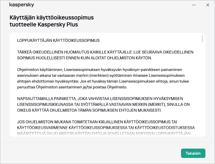 Ikkuna sisältää käyttäjän käyttöoikeussopimuksen tekstin.